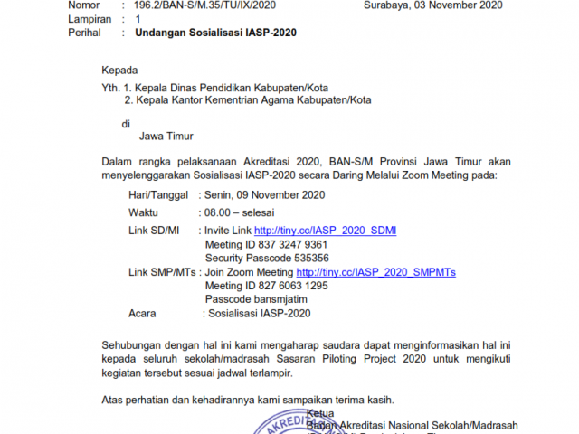 Undangan Sosialisasi IASP-2020 Provinsi Jawa Timur